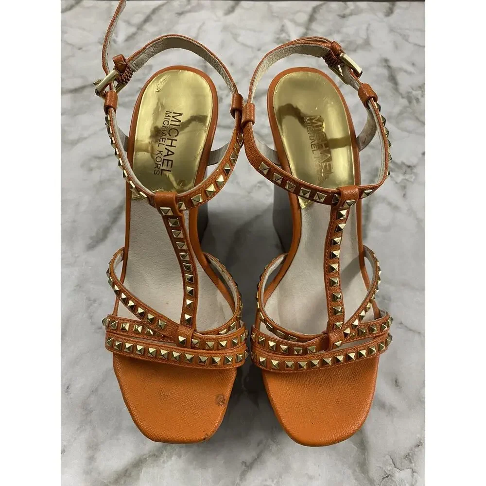 Women's Michael Kors Orange Leather Studded Strap Wedges Platform Shoes SZ 7.5M